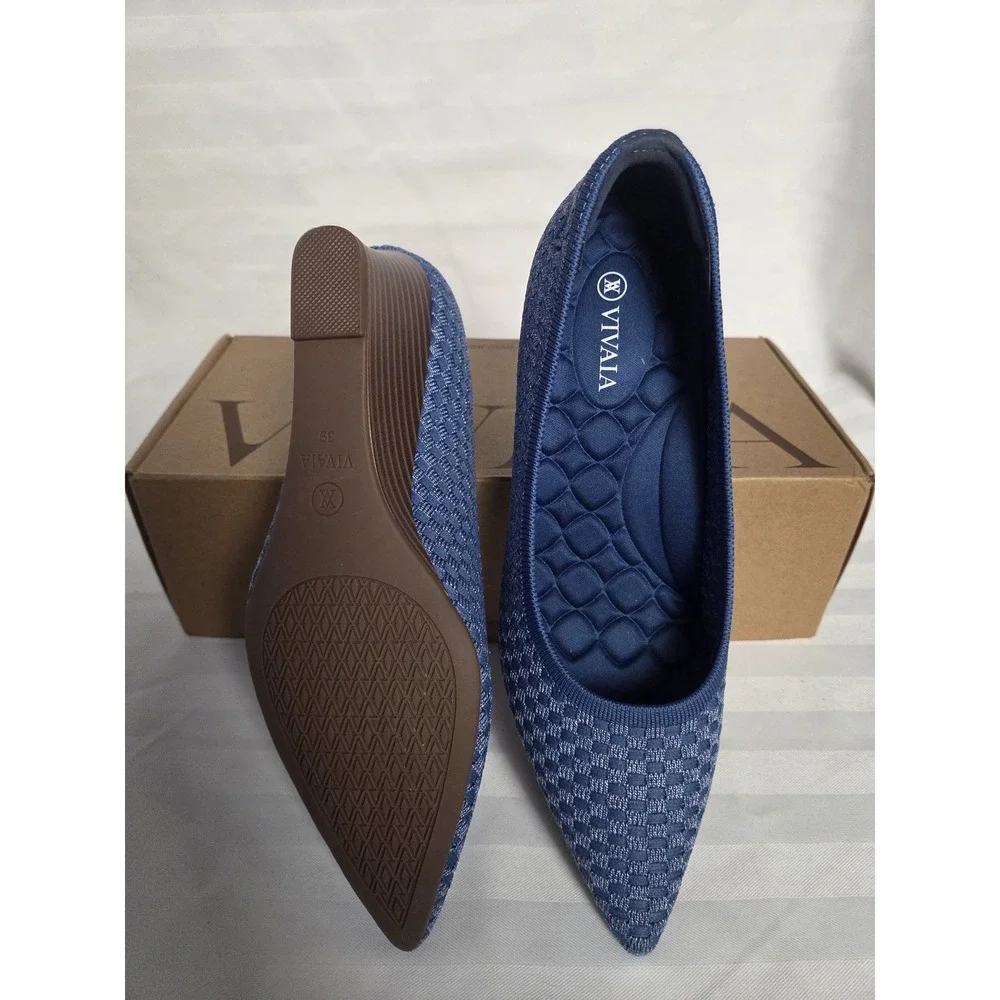 Vivaia Blue Woven Pointed Toe Wedge Pumps Sustainable Knit Shoes Size US 8 EU 39